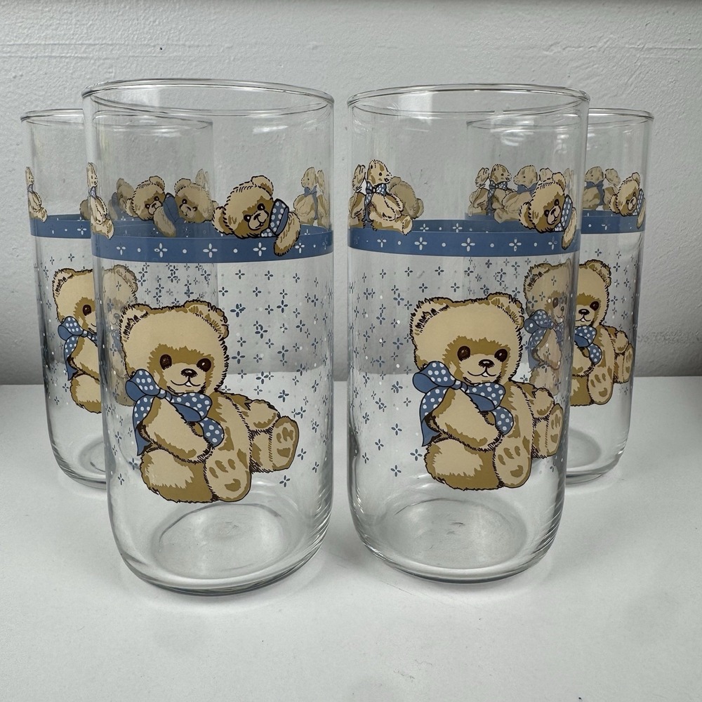Vtg 1980s Libbey Tienshan Theodore Bear Glasses Set 4 16oz Tumblers